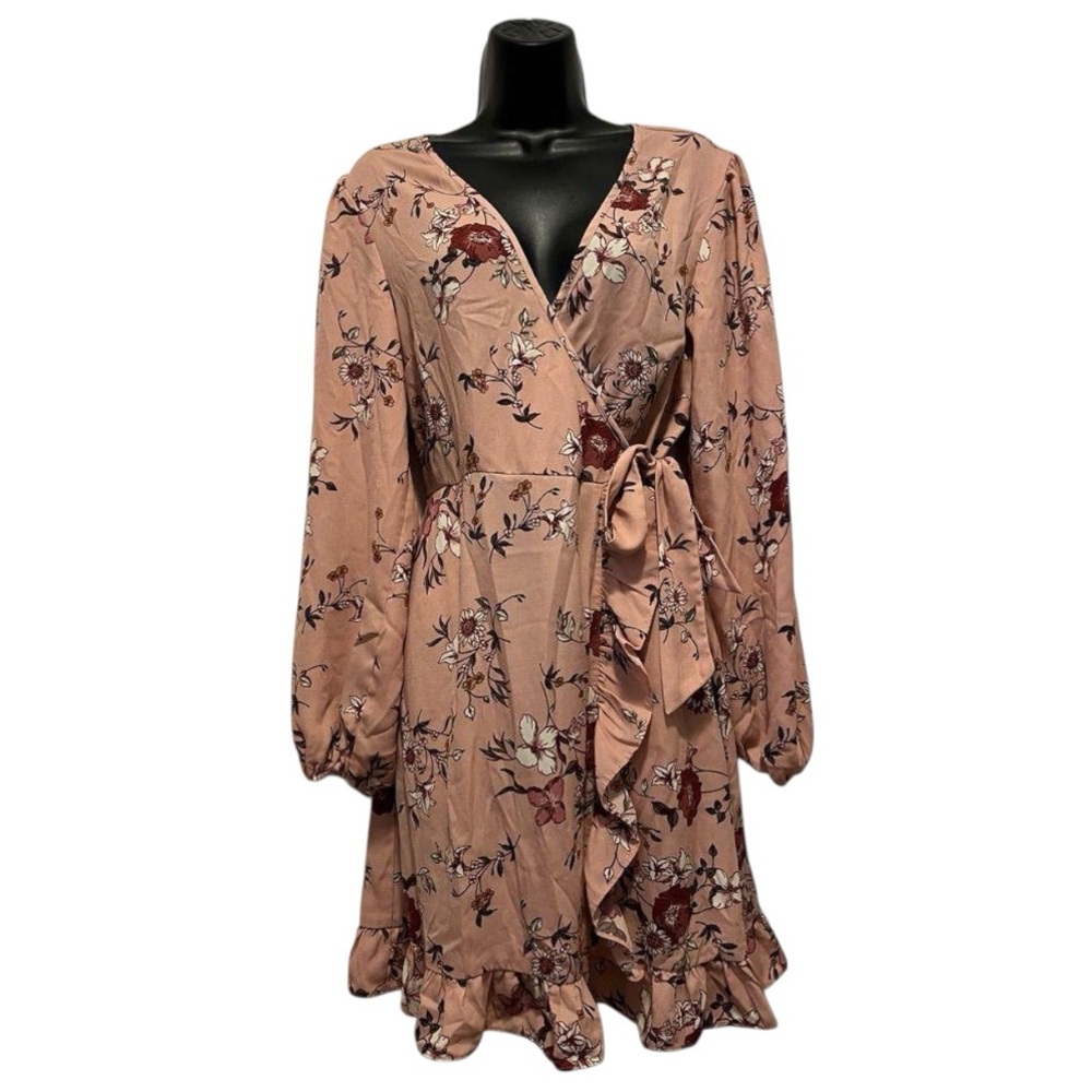 Cottage-core Smocked Dress Pink Floral Flowy Long Sleeve Wrap Dress V-Neck Boho
